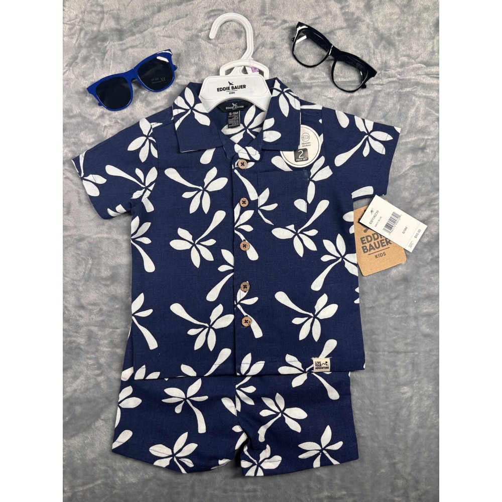 Eddie Bauer Baby Boys 6-9M Navy Tropical Shirt Shorts Set + Boutique Sunglasses